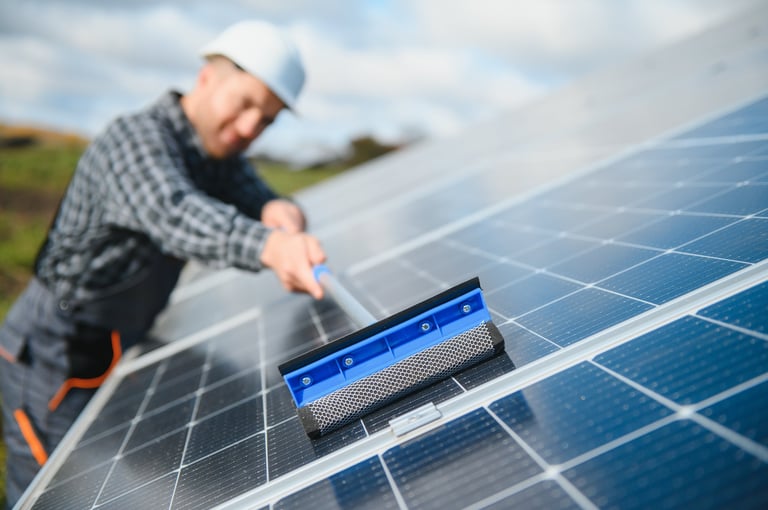 Worker cleaning solar panels after installation outdoors
