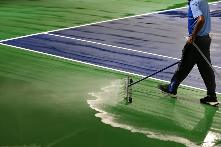 Man washing and cleaning the tennis court before the match