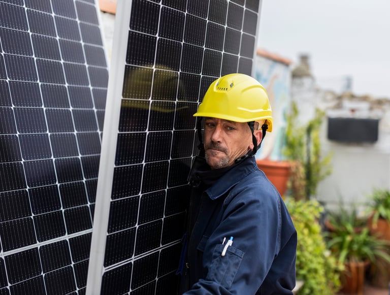 Technician positioning solar panels on a rooftop