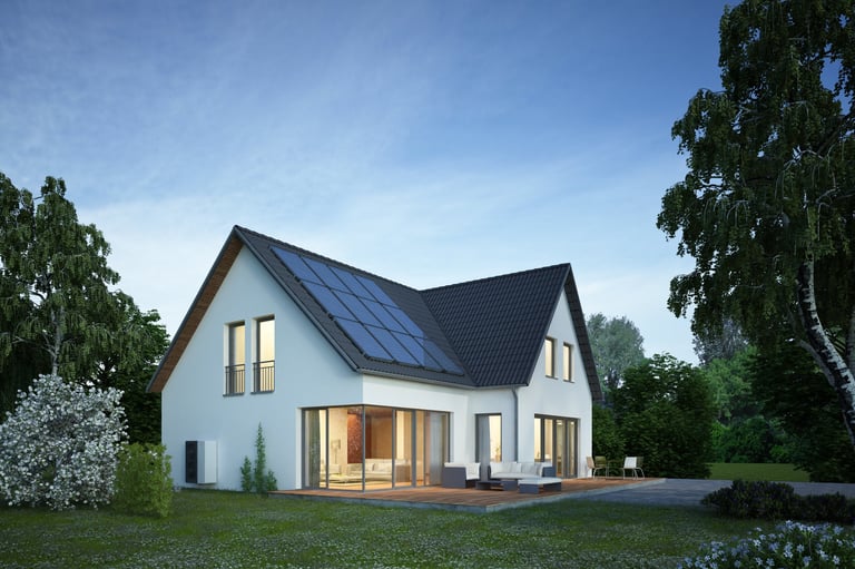 3d rendering of a modern house in the evening with electric heat pump and battery storage