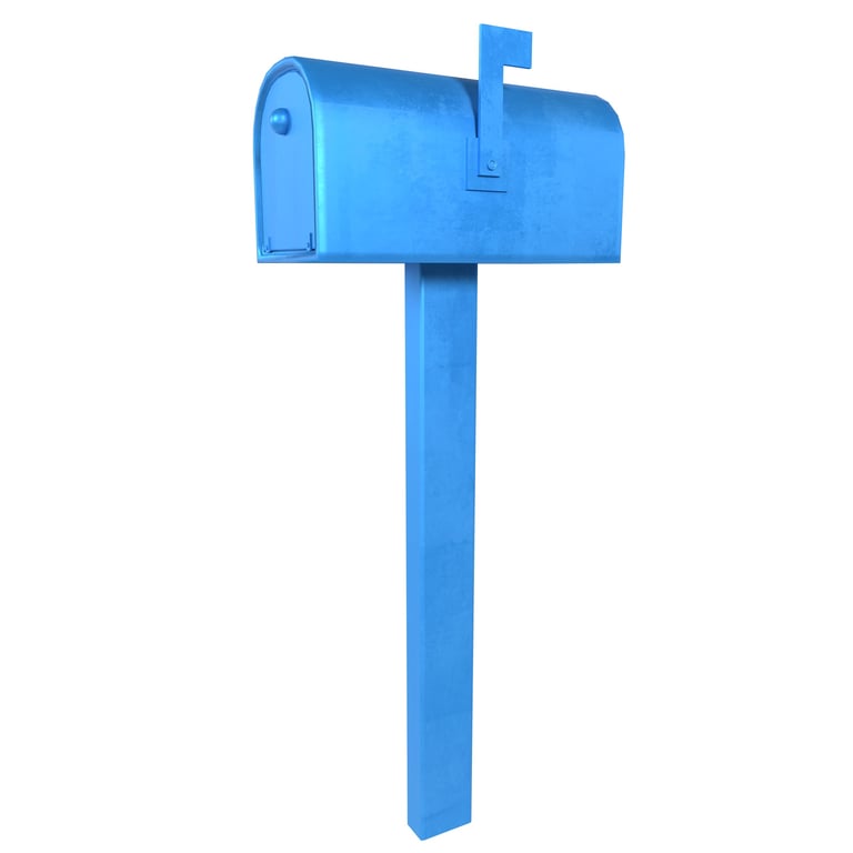 Bright blue mailbox stands upright on a white background, fully detailed