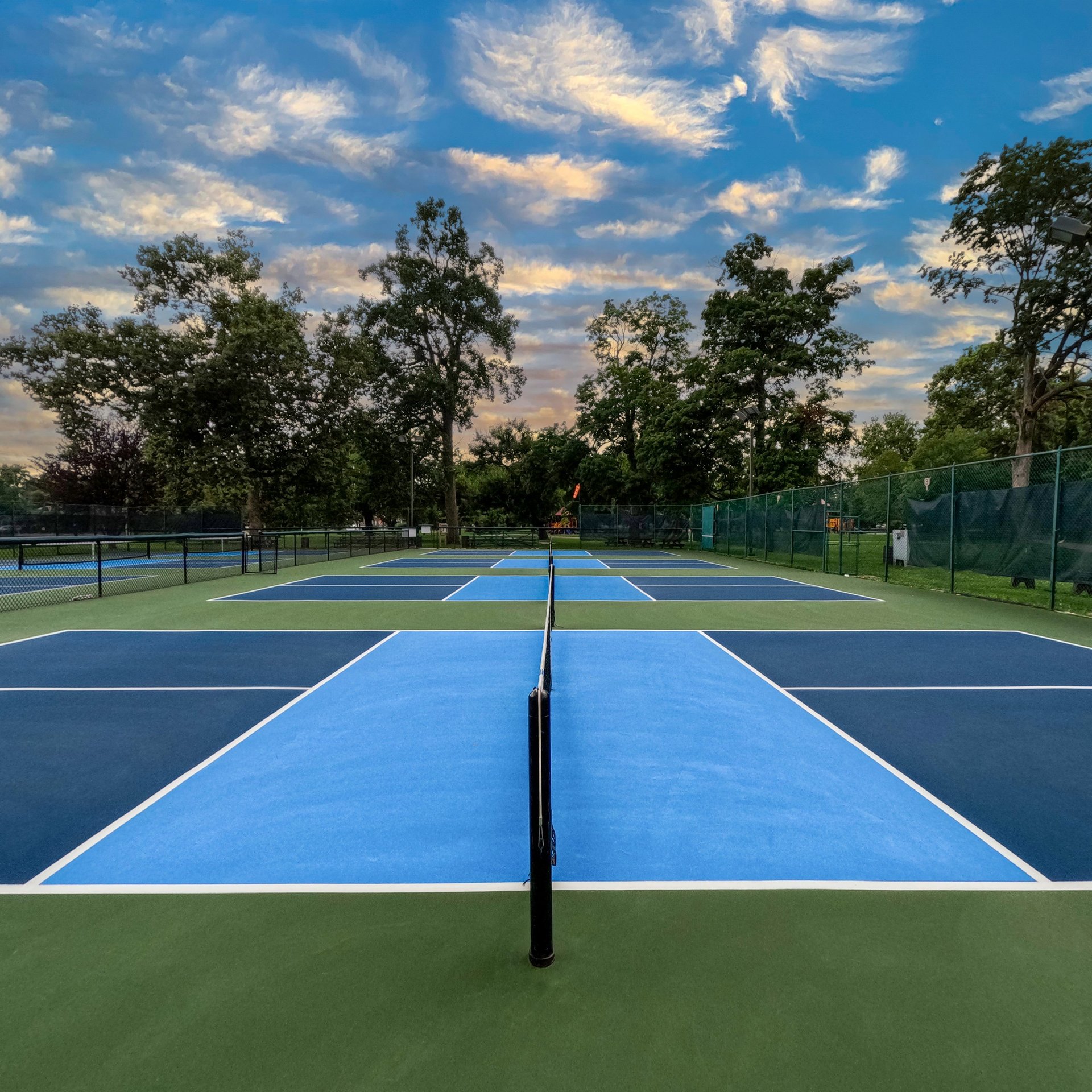 Side view of pickleball courts looking across the nets of several courts in a public city park