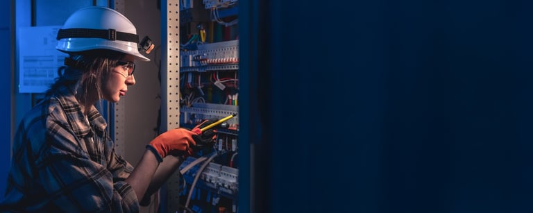 Worker performing maintenance on electrical switchboard