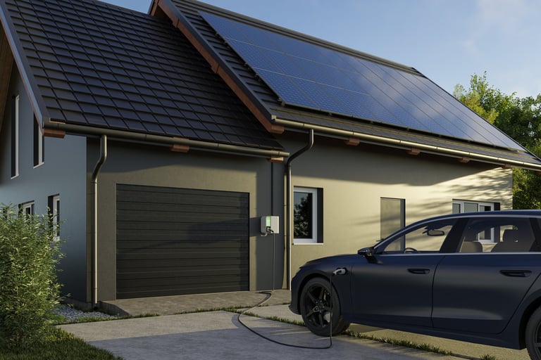 Modern sustainable house with solar panels and electric vehicle charging in driveway