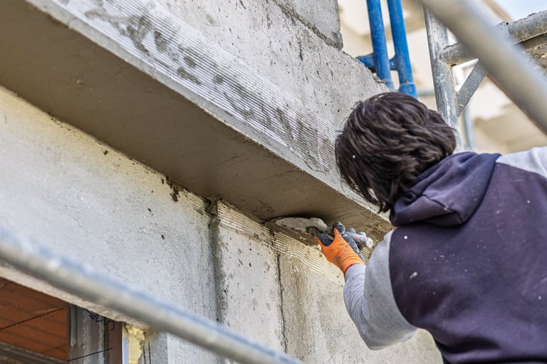 Man applying fresh mortar to a building facade on a construction site
