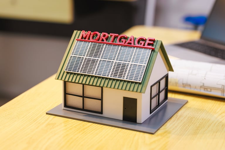 Model house with solar panels and mortgage sign representing home value