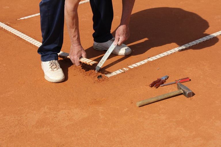 Worker repairing lines on a tennis court