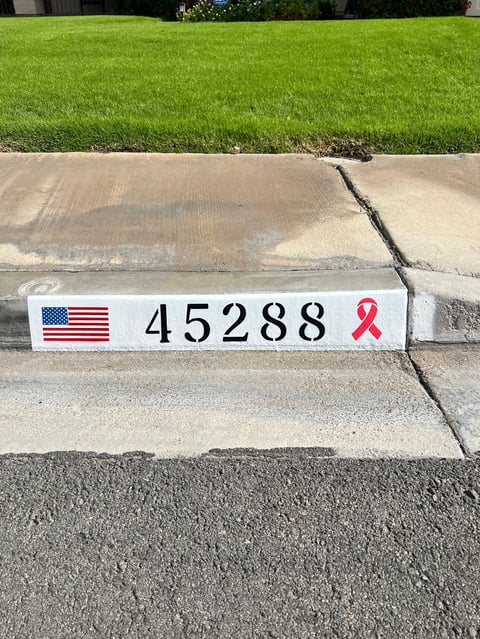 White curb marker with address number 45288, American flag, and red ribbon symbol on residential driveway