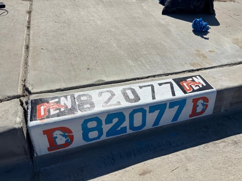 Overhead view of a blue and white license plate reading B82077 on a concrete driveway with shadow