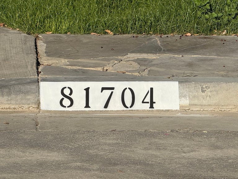 White address marker displaying number 81704 on curb beside grass and pavement