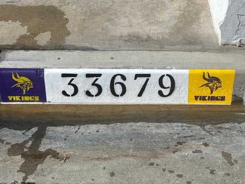 Minnesota Vikings license plate number 33679 mounted on concrete surface