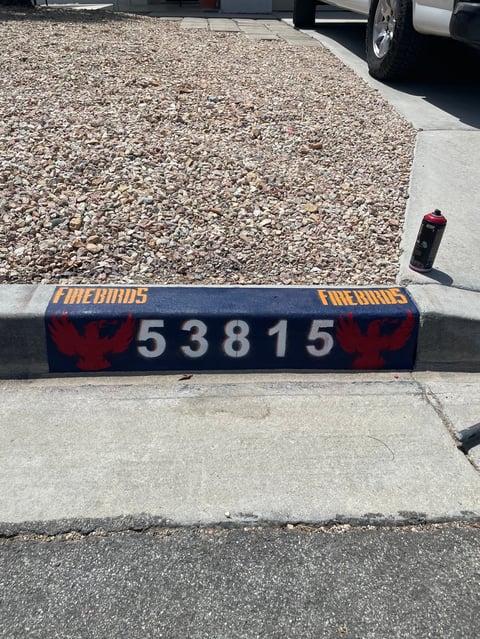 Blue and red curb painted with address number 53815 and Firebirds text, gravel driveway visible above