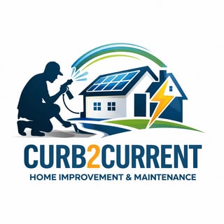Curb2Current logo featuring a contractor with power drill, house with solar panels, and lightning bolt for home improvement and maintenance services