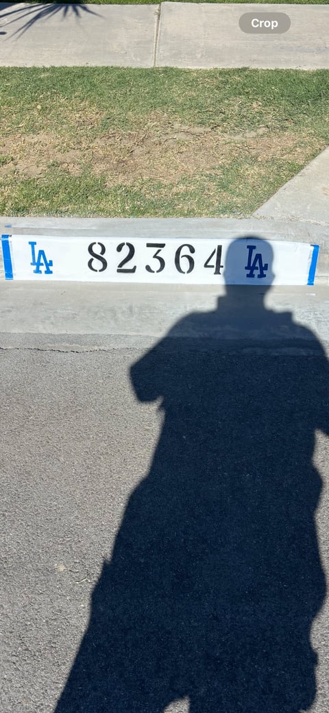 Shadow of person wearing LA Dodgers cap standing over curb with LA 82364 street marking and lawn behind