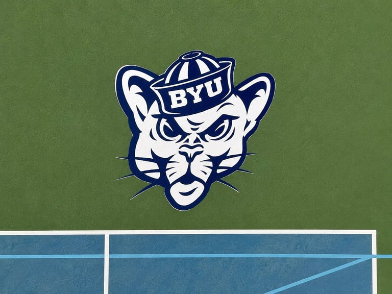 BYU Cougars logo featuring a stylized cougar head wearing a cap on a green background with blue court lines below