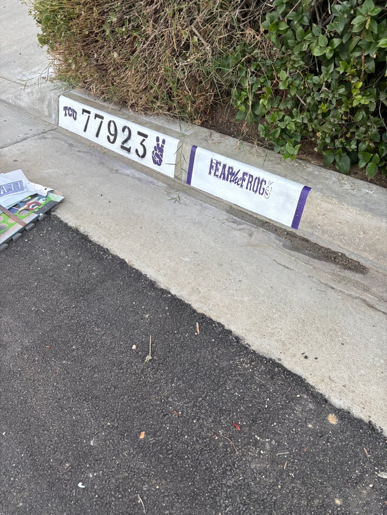 White license plate with number 77923 on a concrete curb next to asphalt and overgrown plants