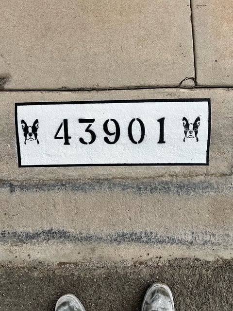 Address marker on concrete sidewalk showing number 43901 with decorative dog icons on either side